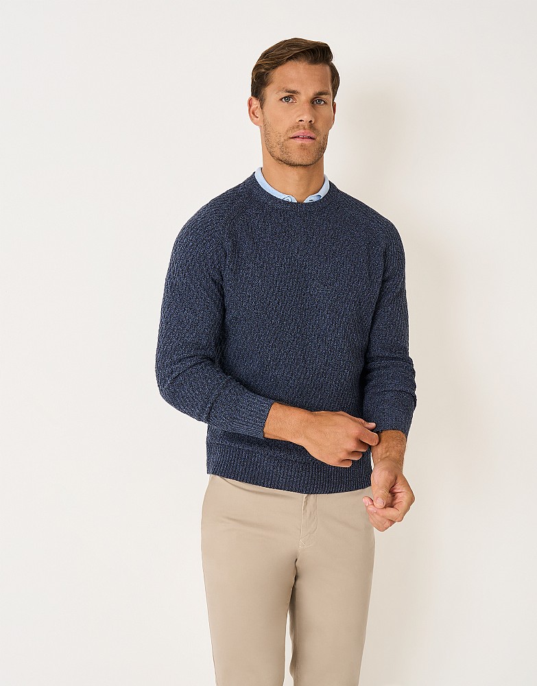 Recycled Cotton All-Over Textured Crew Neck Jumper in Navy