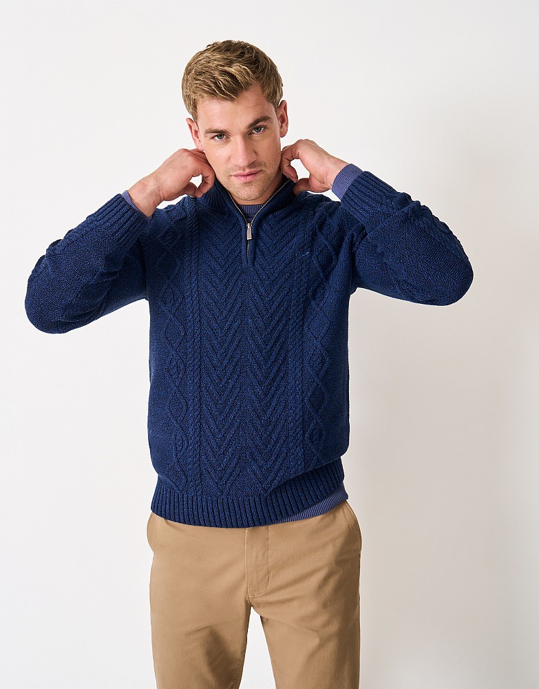 Recycled Cotton Cable Half Zip Jumper in Blue