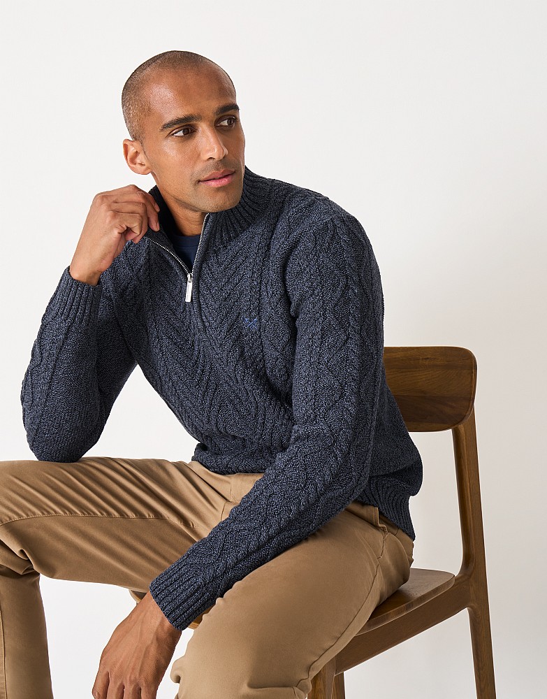 Recycled Cotton Cable Half Zip Jumper in Navy
