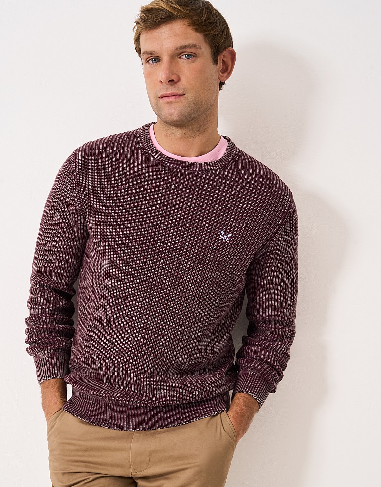 Fisherman Rib Stonewash Crew Neck Jumper in Burgundy
