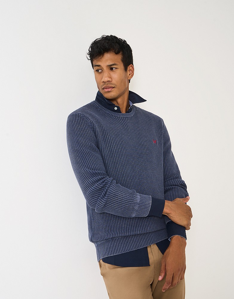 Fisherman Rib Stonewash Crew Neck Jumper in Indigo Blue