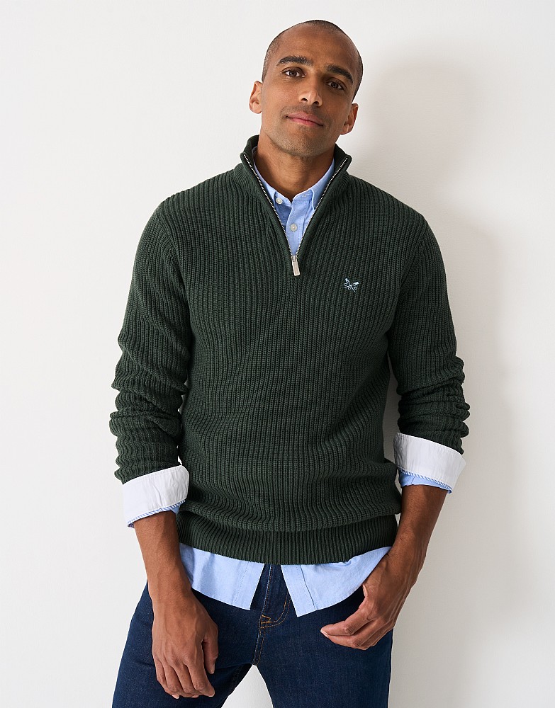 Fisherman Rib Quarter Zip Jumper in Forest Green