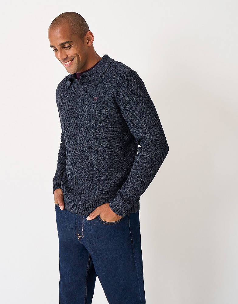 Button Collar Cable Knit Jumper in Navy