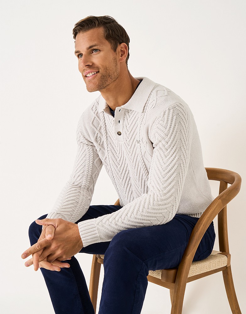 Button Collar Cable Knit Jumper in Off White