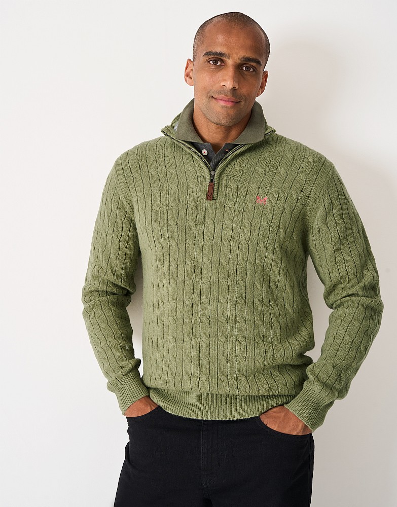 Lambs Wool Cable Knit Jumper in Artichoke