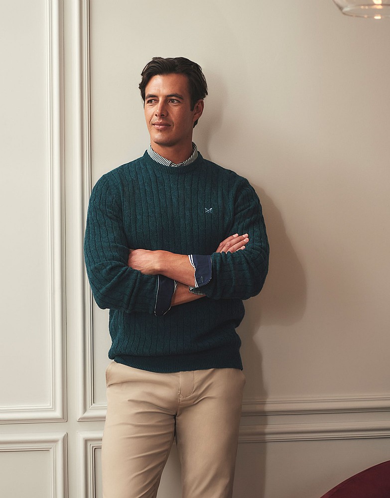 Lambswool Cable Crew Neck Jumper in Bottle Green