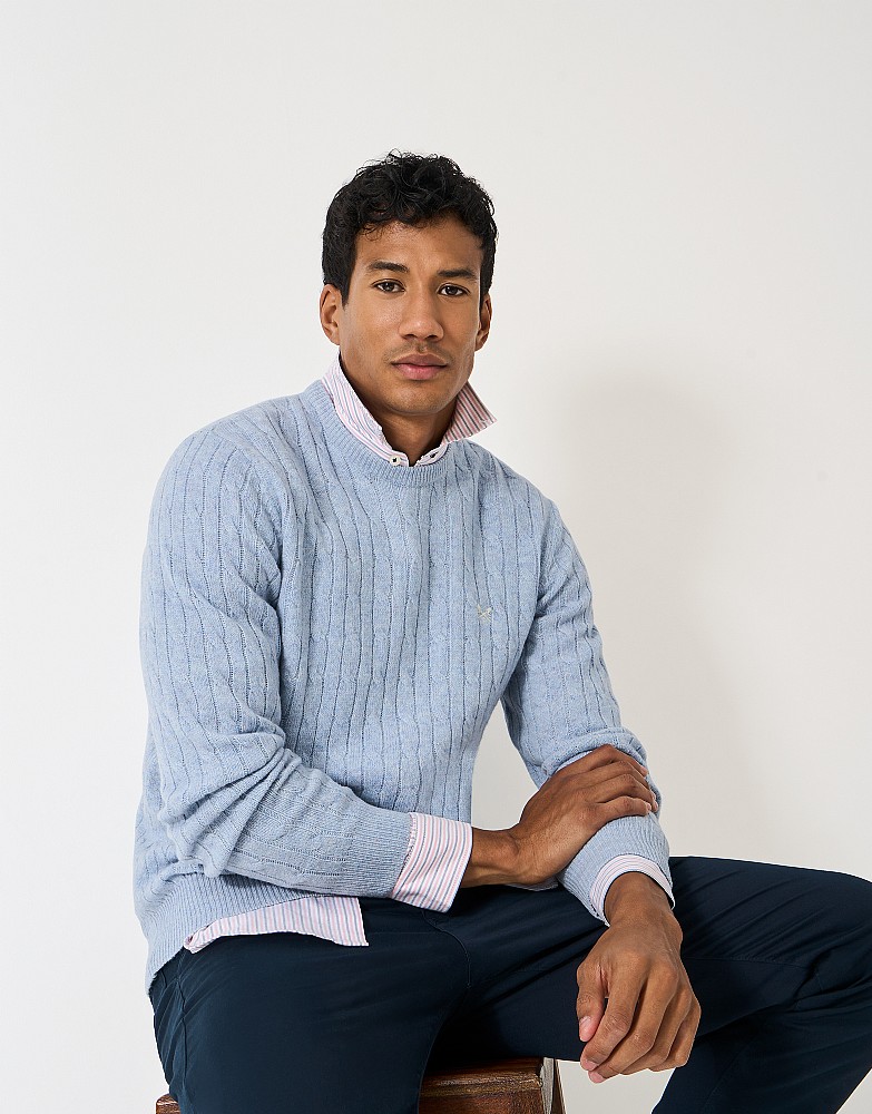 Lambswool Cable Crew Neck Jumper in Pale Blue