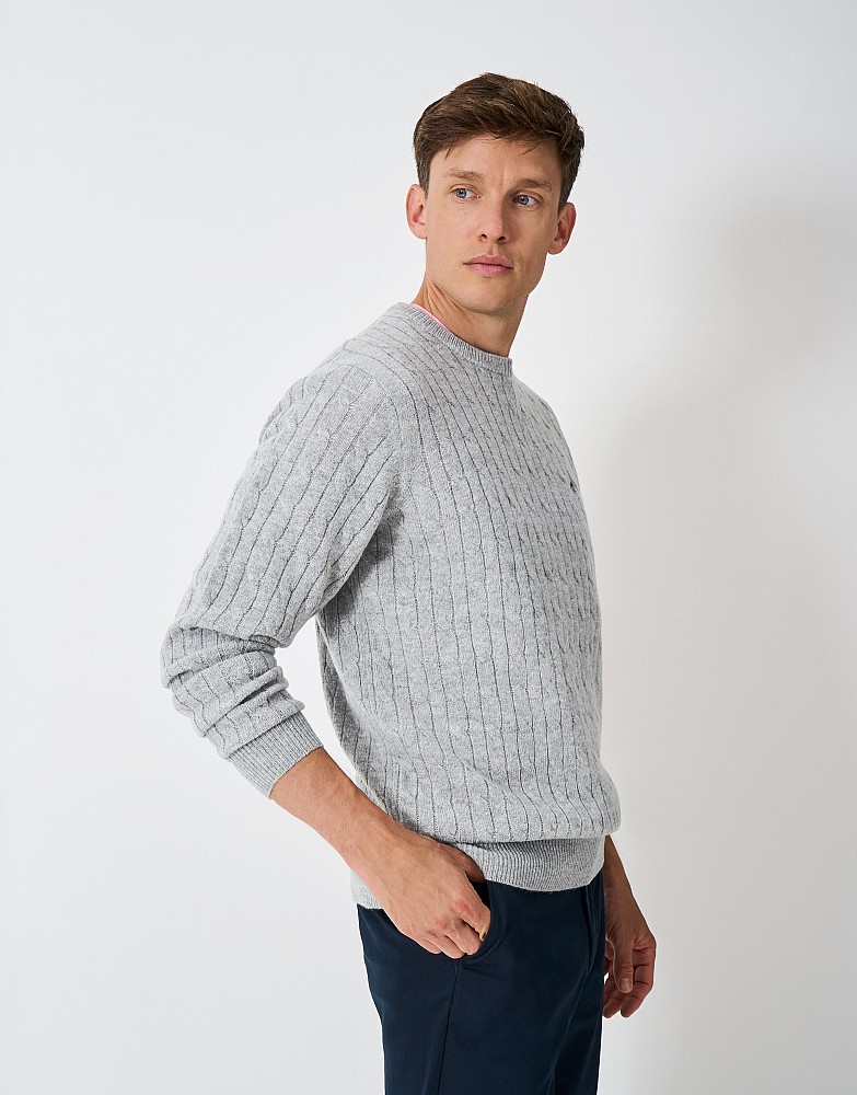 Lambs Wool Cable Knit Crew Neck Jumper in Grey