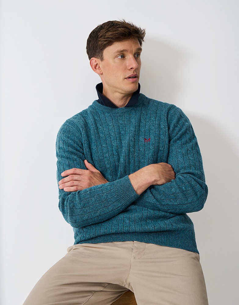 Lambs Wool Cable Knit Crew Neck Jumper in Blue Marl