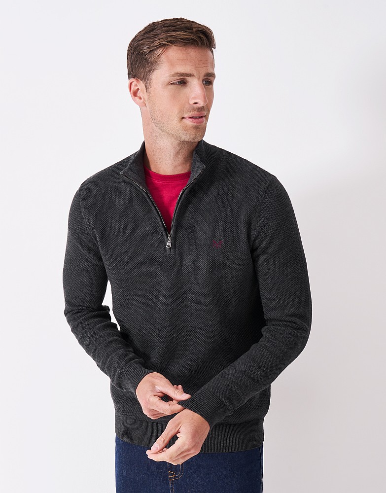 Cotton Piqué Half-Zip Jumper in Charcoal Marl
