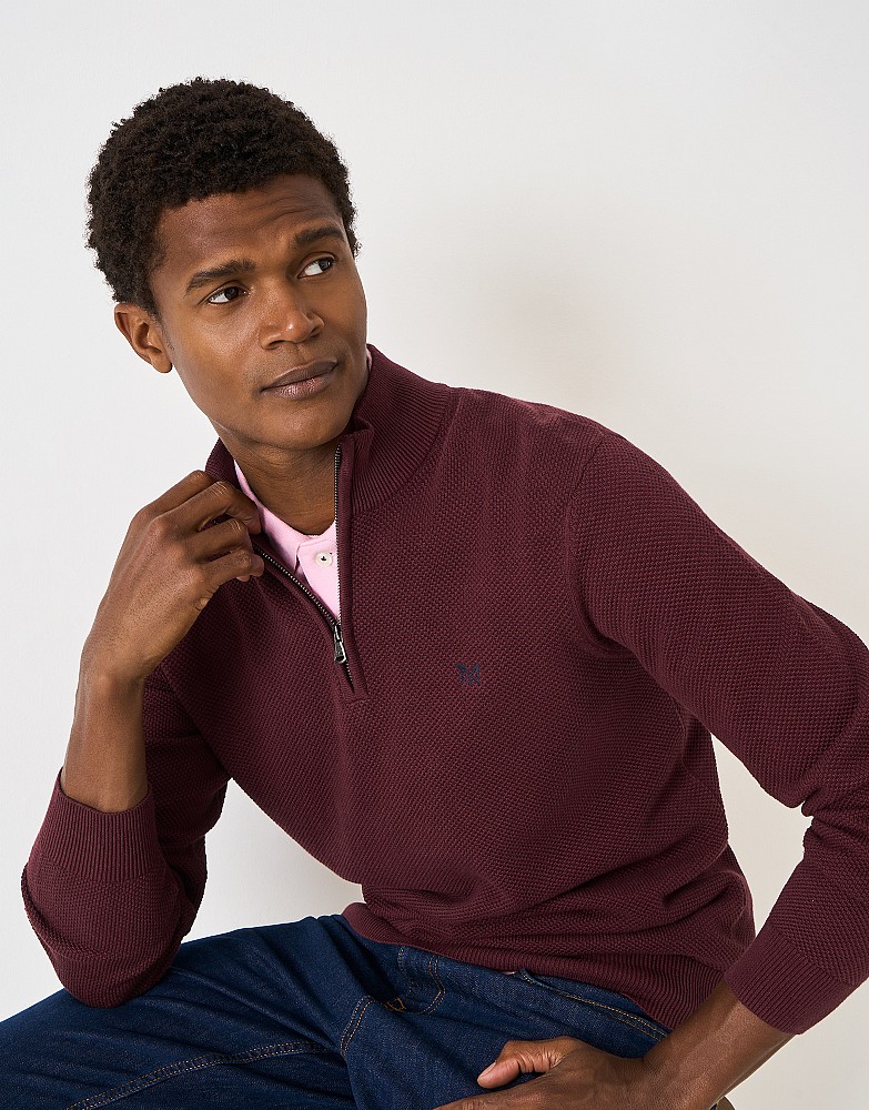 Cotton-Piqué Half-Zip Jumper in Burgundy