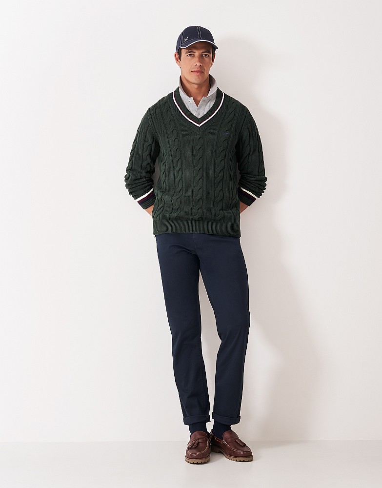 V Neck Cricket Jumper in Dark Green