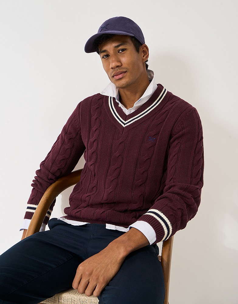 V Neck Cricket Jumper in Burgundy