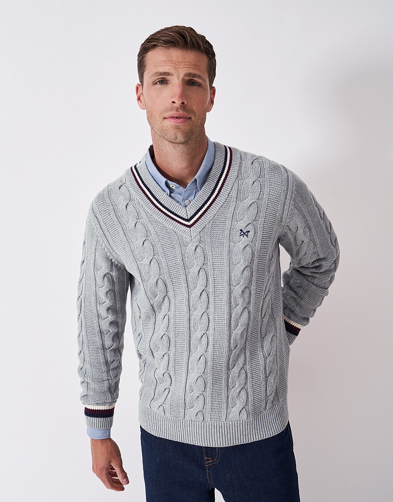 V Neck Cricket Jumper in Mid Grey
