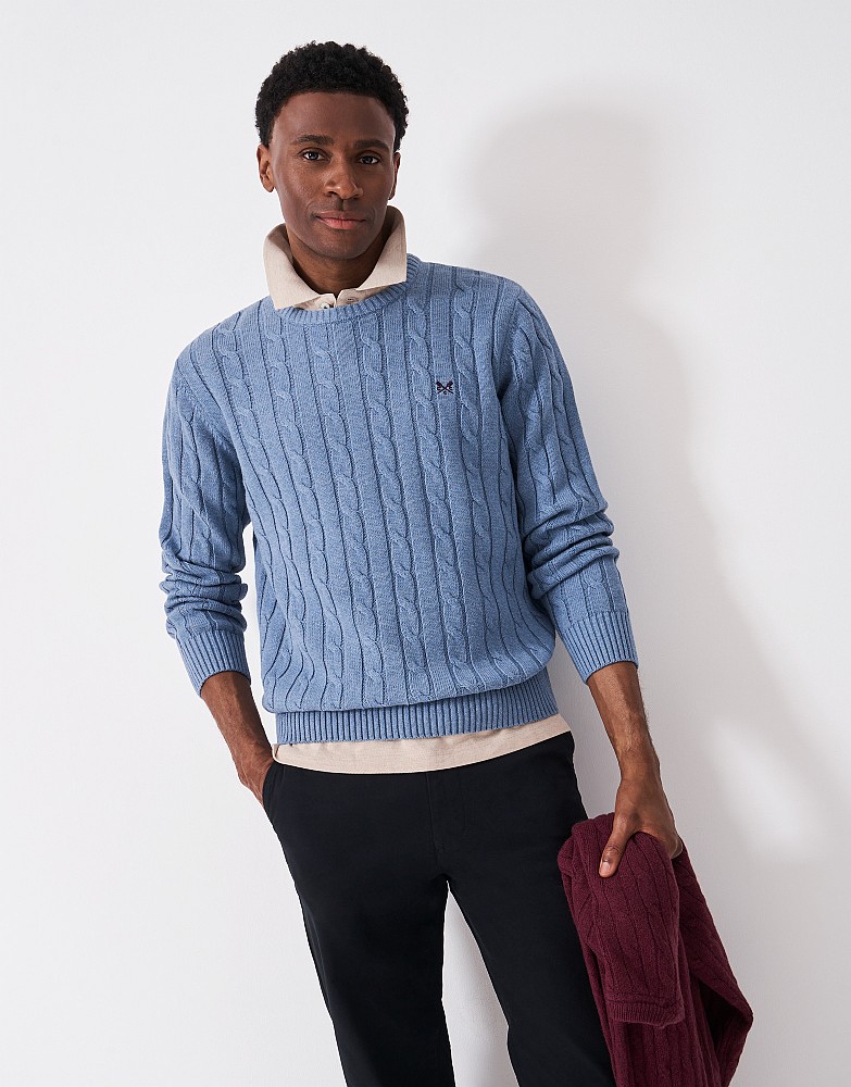 Oarsman Cable Crew Neck Jumper in Blue Marl