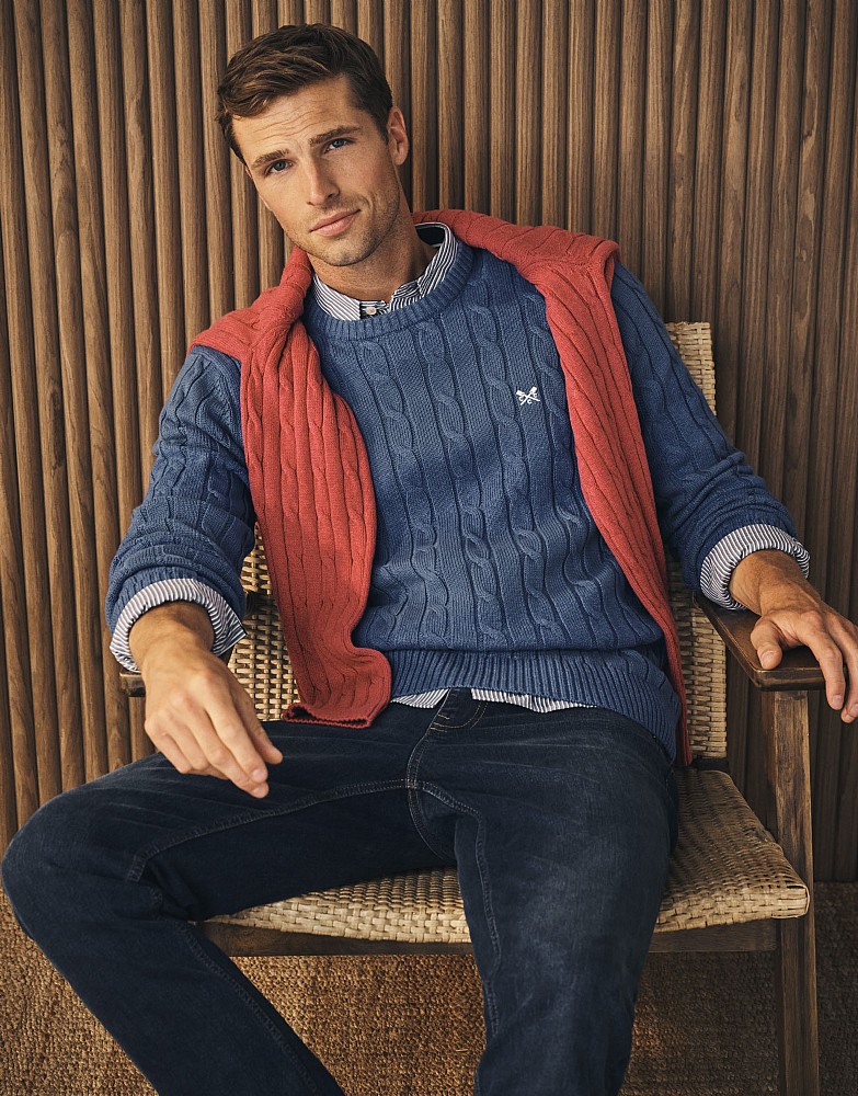 Oarsman Cable Crew Neck Jumper in Dutch Blue