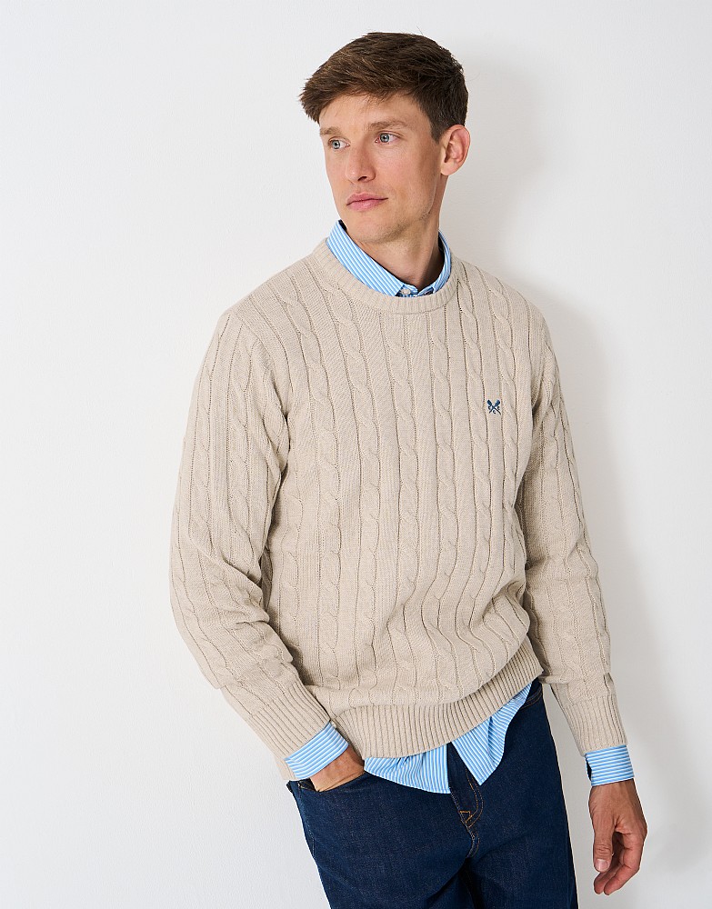 Oarsman Cable Crew Neck Jumper in Taupe Marl