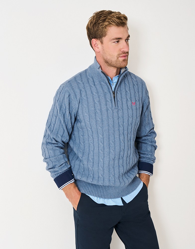 Oarsman Cable Organic Cotton Half Zip Jumper in Blue