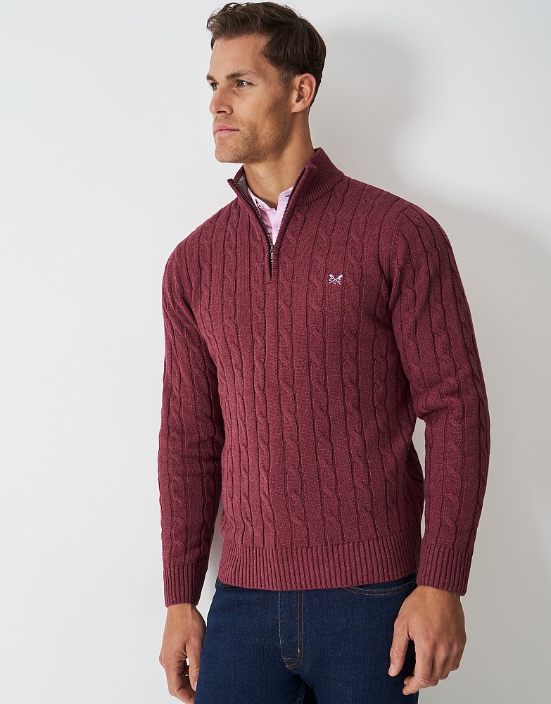 Oarsman Cable Organic Cotton Half Zip Jumper in Burgundy