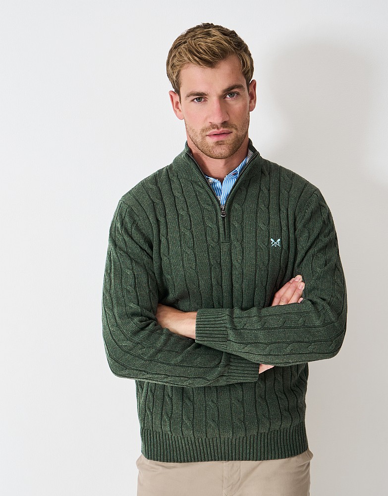 Oarsman Cable Organic Cotton Half Zip Jumper in Dark Green
