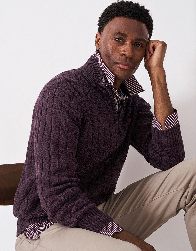 Oarsman Cable Organic Cotton Half Zip Jumper in Mahogany