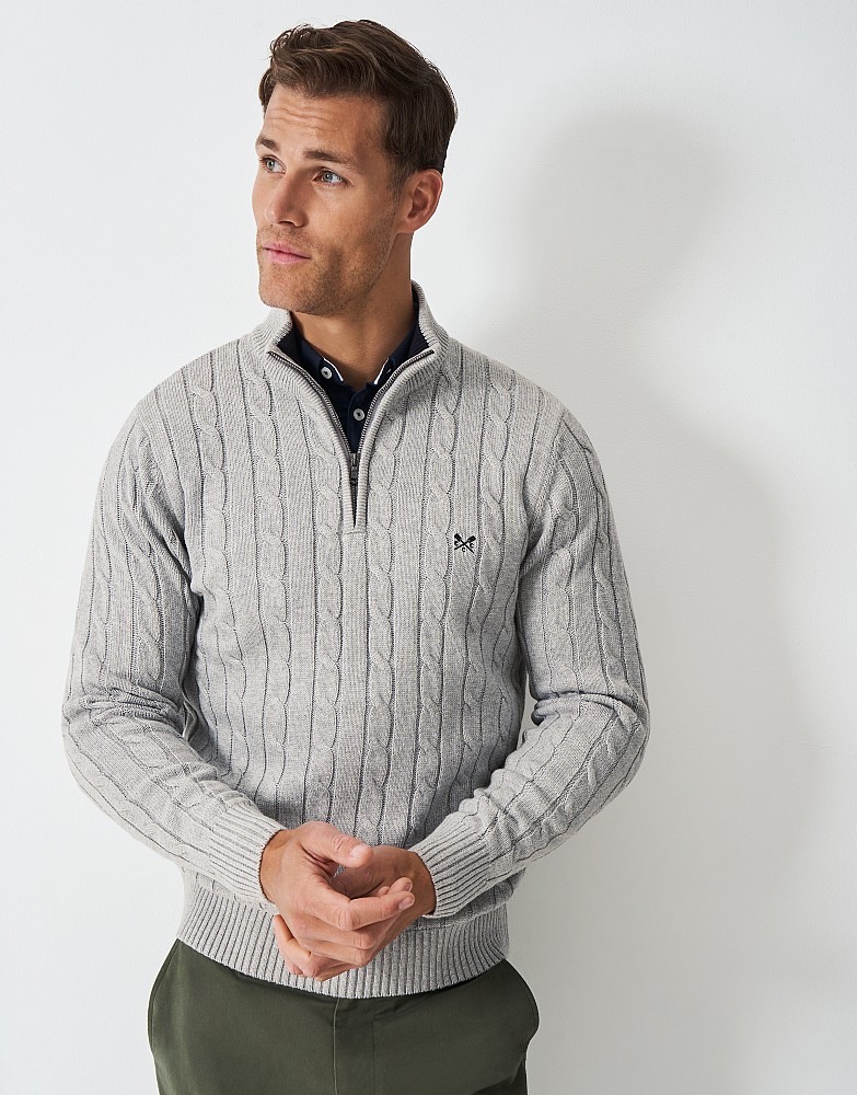 Oarsman Cable Organic Cotton Half Zip Jumper in Grey Marl