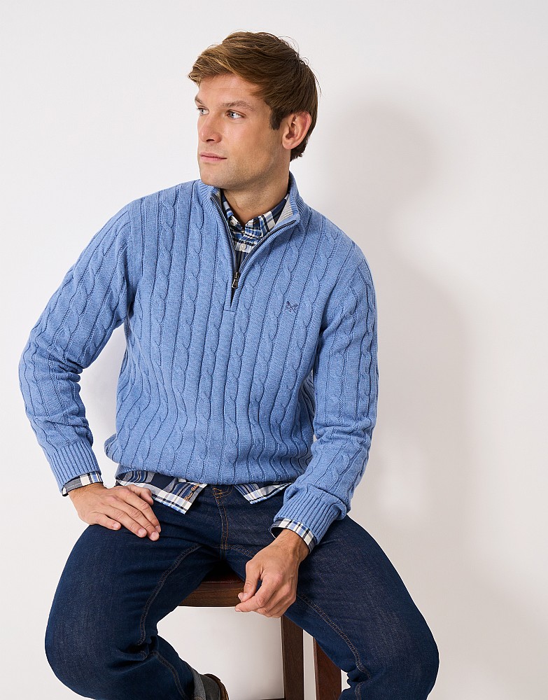Oarsman Cable Organic Cotton Half Zip Jumper in Light Blue Marl