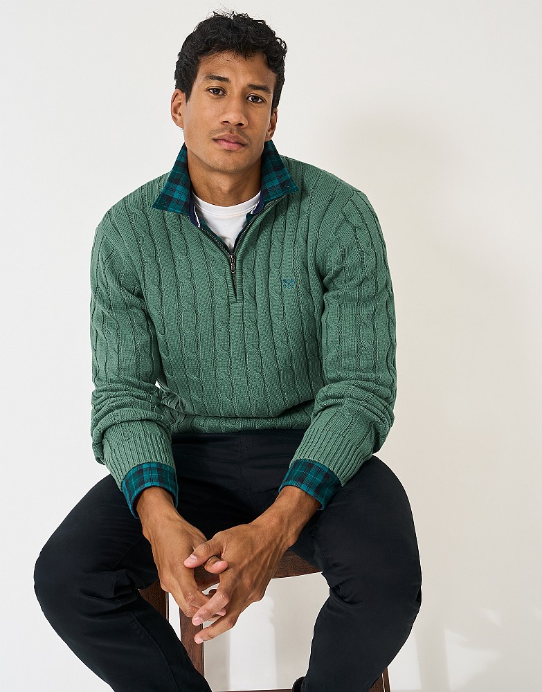 Oarsman Cable Organic Cotton Half Zip Jumper in Sage Green