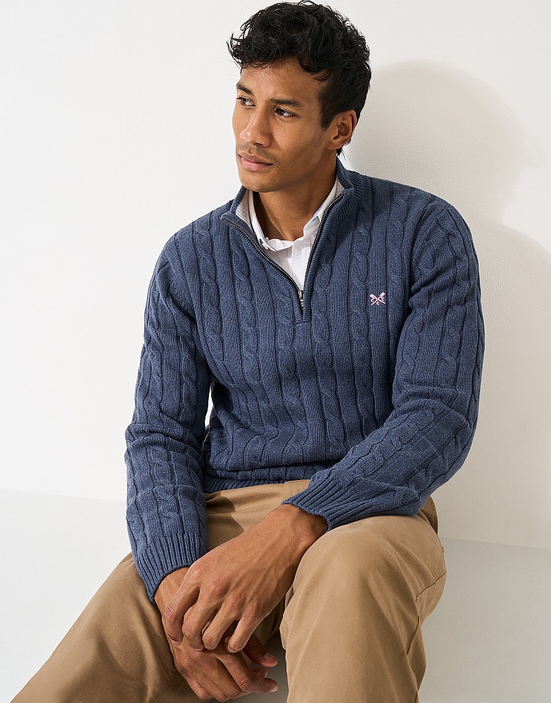 Oarsman Cable Organic Cotton Half Zip Jumper in Steel Blue Marl