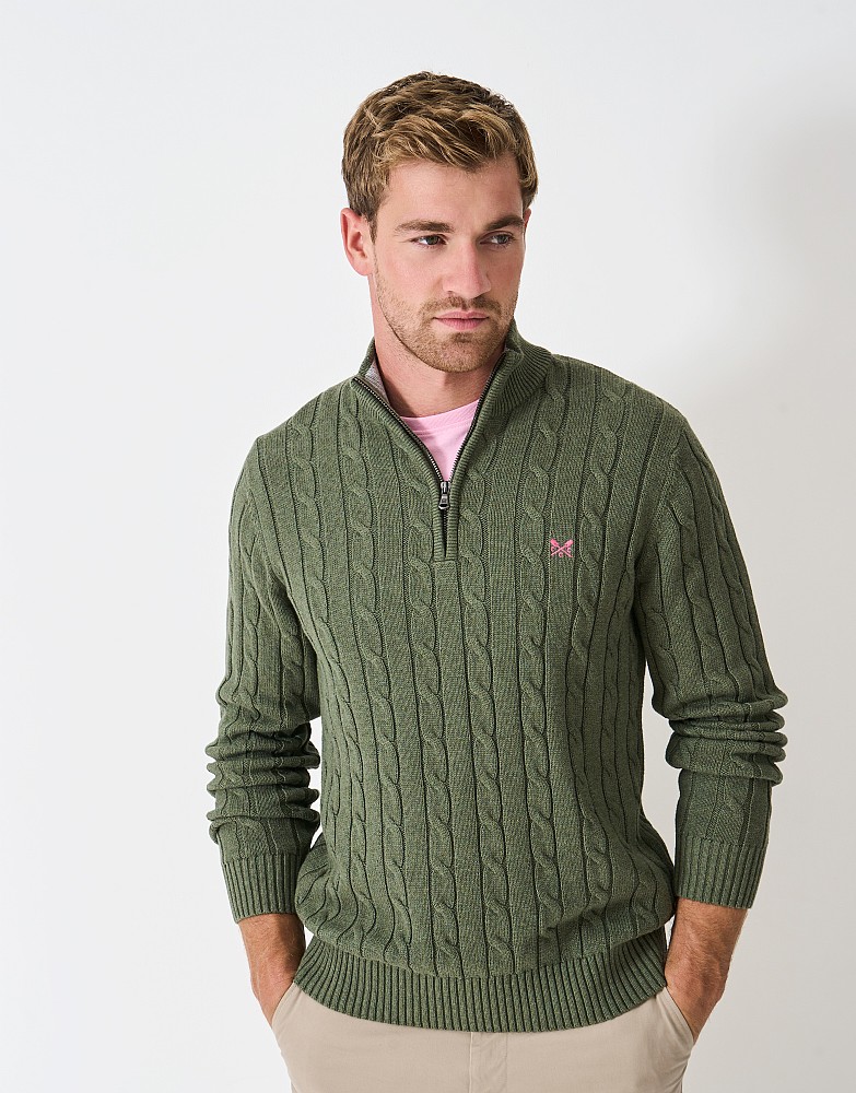Oarsman Cable Organic Cotton Half Zip Jumper in Thyme Green
