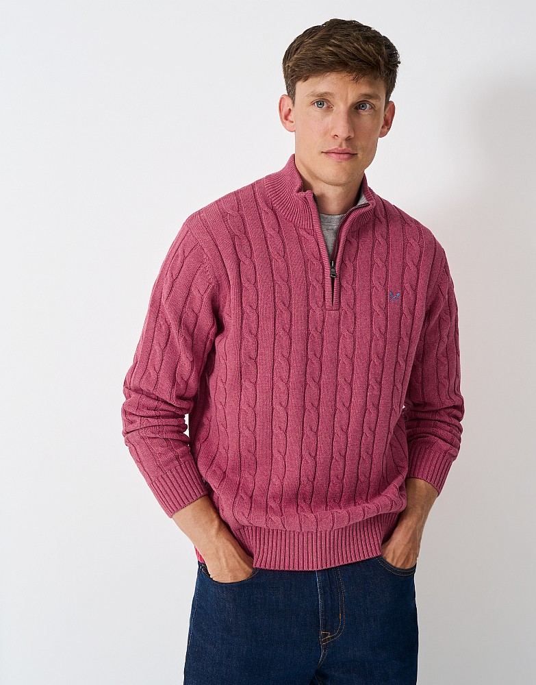 Oarsman Cable Organic Cotton Half Zip Jumper in Washed Cherry