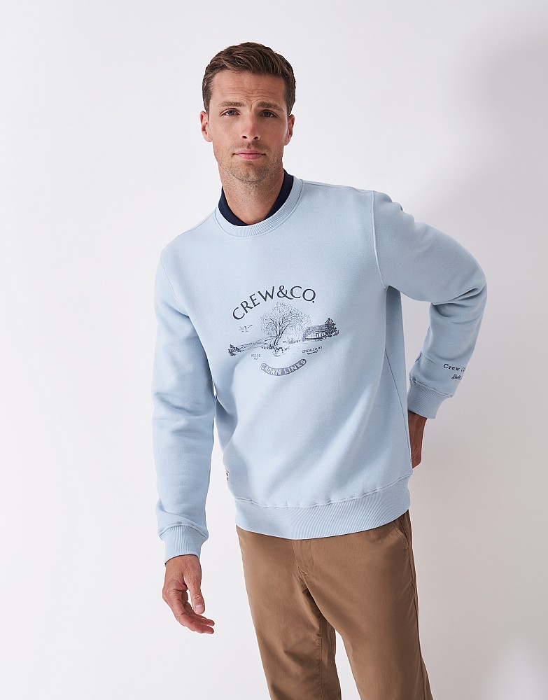 Cotton-Blend Crown Links Graphic Sweatshirt in Light Blue