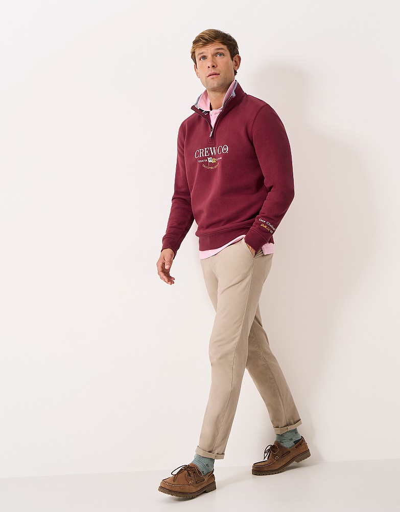 Cotton-Blend Crew Flag Half-Zip Sweatshirt in Burgundy Red