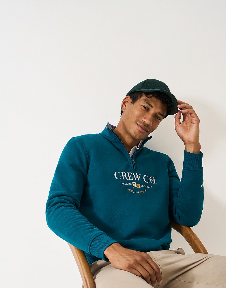 Cotton-Blend Crew Flag Half-Zip Sweatshirt in Petrol Blue