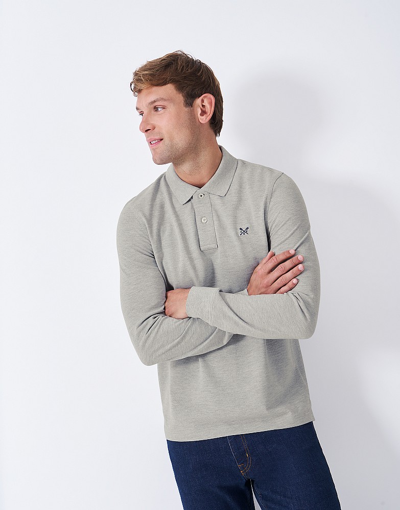 Long Sleeve Pique Polo Shirt in Grey Marl