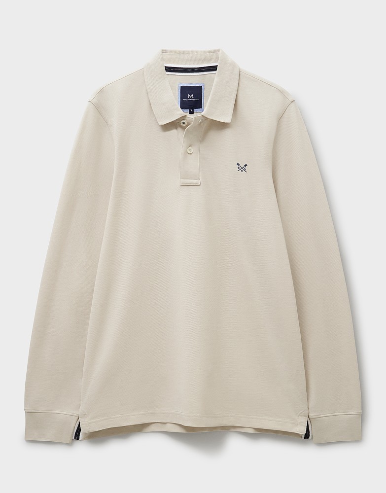 Men's Long Sleeve Pique Polo Shirt in Beige from Crew Clothing Company