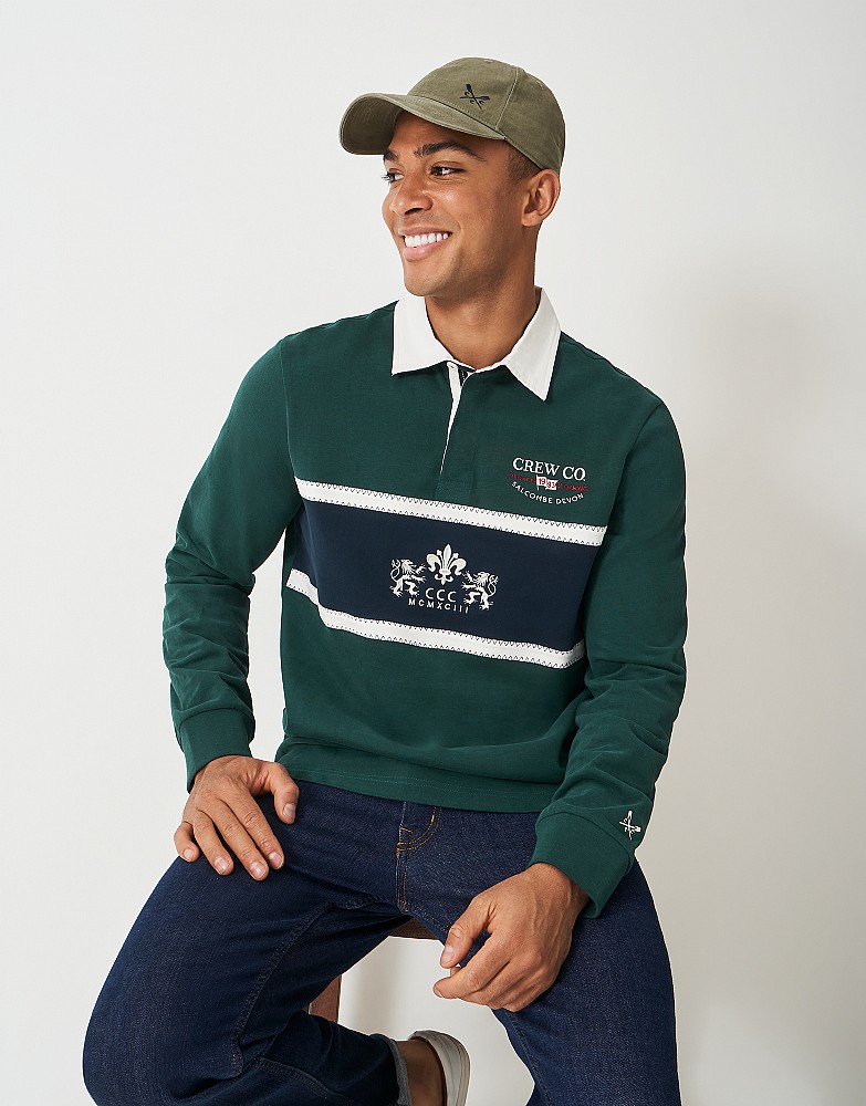 Cotton Embroidered-Crest Rugby Shirt in Green & Navy