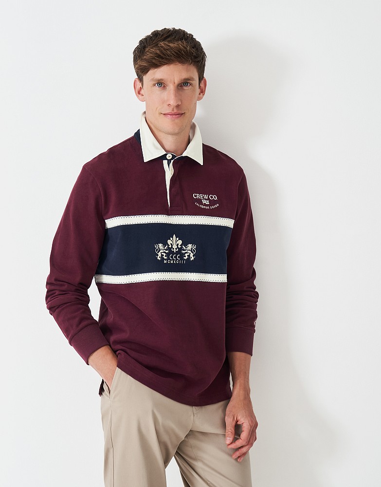 Cotton Embroidered-Crest Rugby Shirt in Burgundy & Navy
