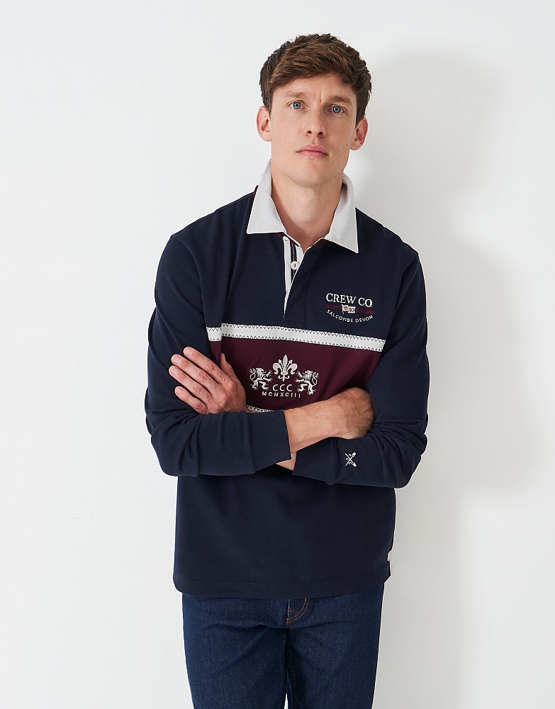 Cotton Embroidered-Crest Rugby Shirt in Navy & Burgundy
