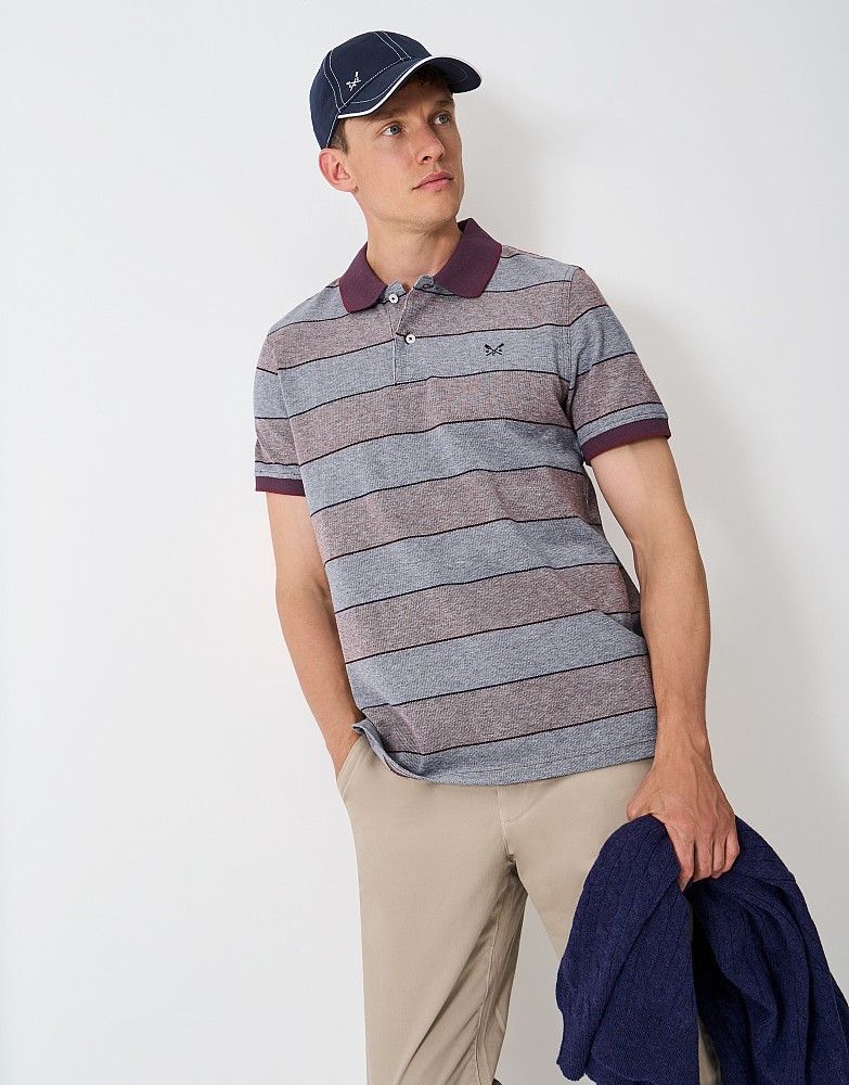 Oxford Stripe Cotton Polo Shirt in Burgundy and Grey Marl