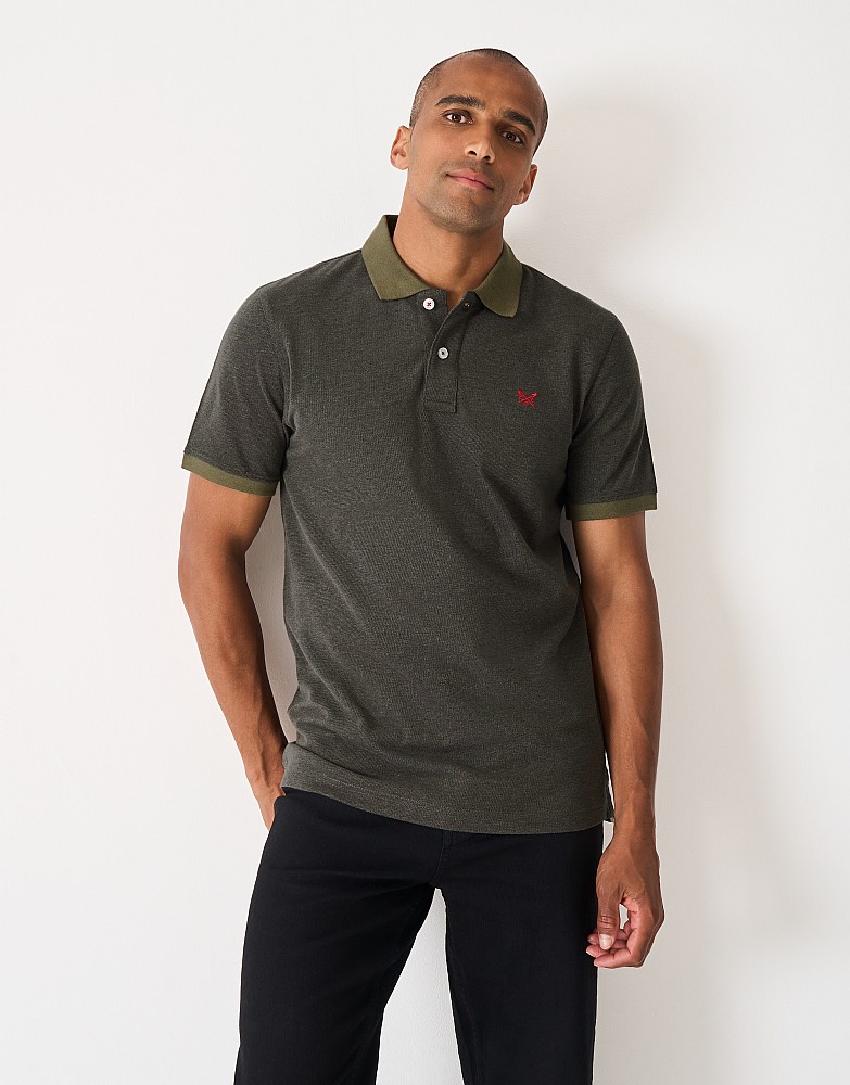 Cotton Oxford Polo in Khaki Green & Dark Navy
