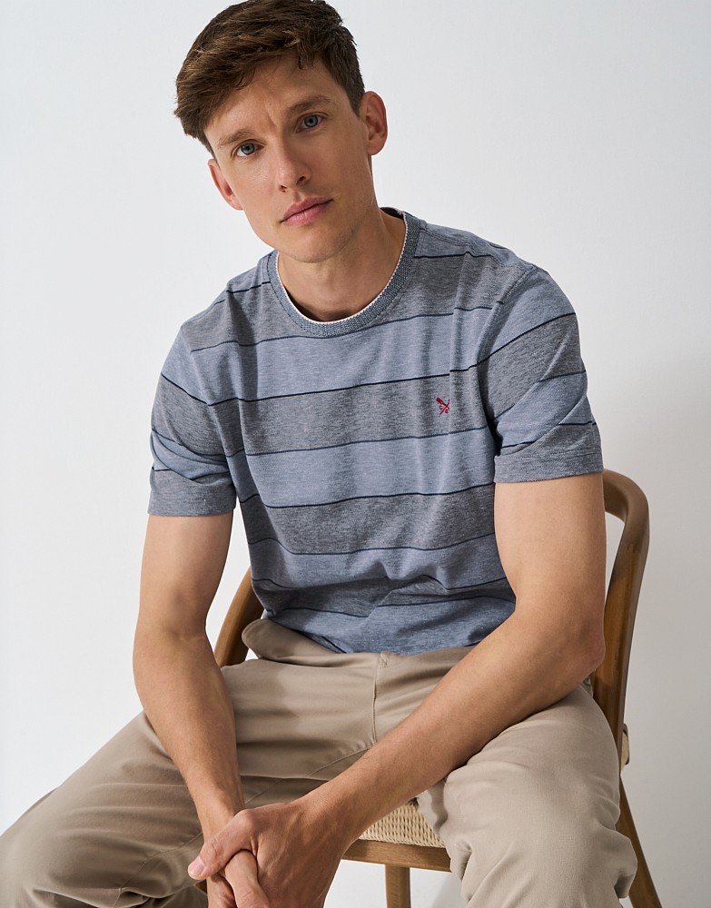 Cotton Oxford Stripe T-Shirt in Indigo Blue