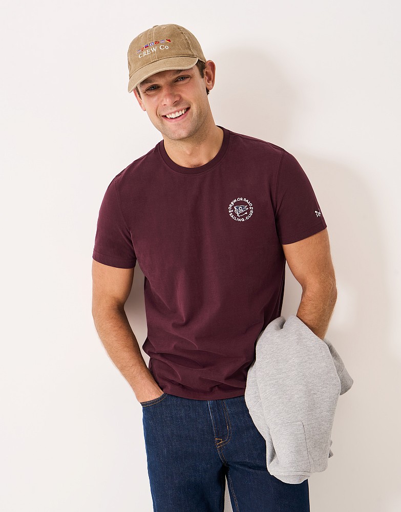 Embroidered Crew Flag Tee in Burgundy Red