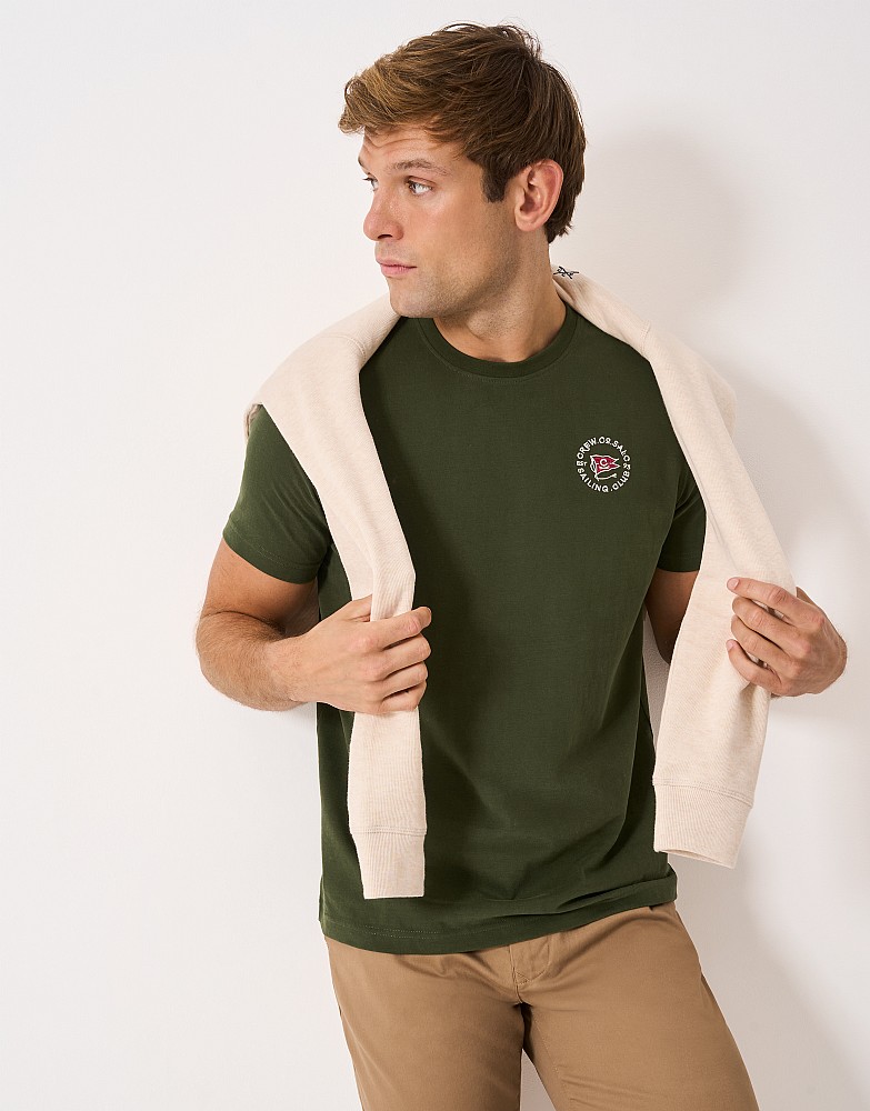 Embroidered Crew Flag Tee in Dark Green