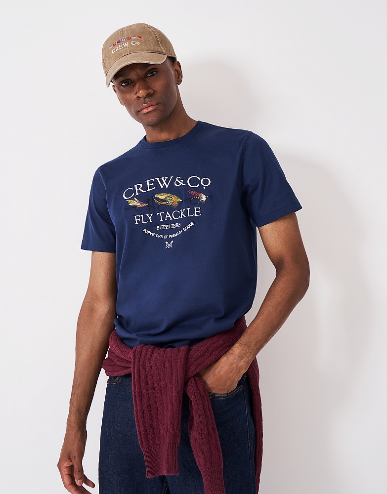 Embroidered Cotton Fly Fishing Tee in Deep Blue