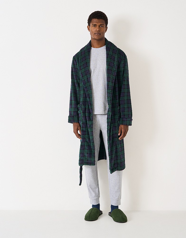 Fleece Bath Robe in Navy & Green Black Watch Check