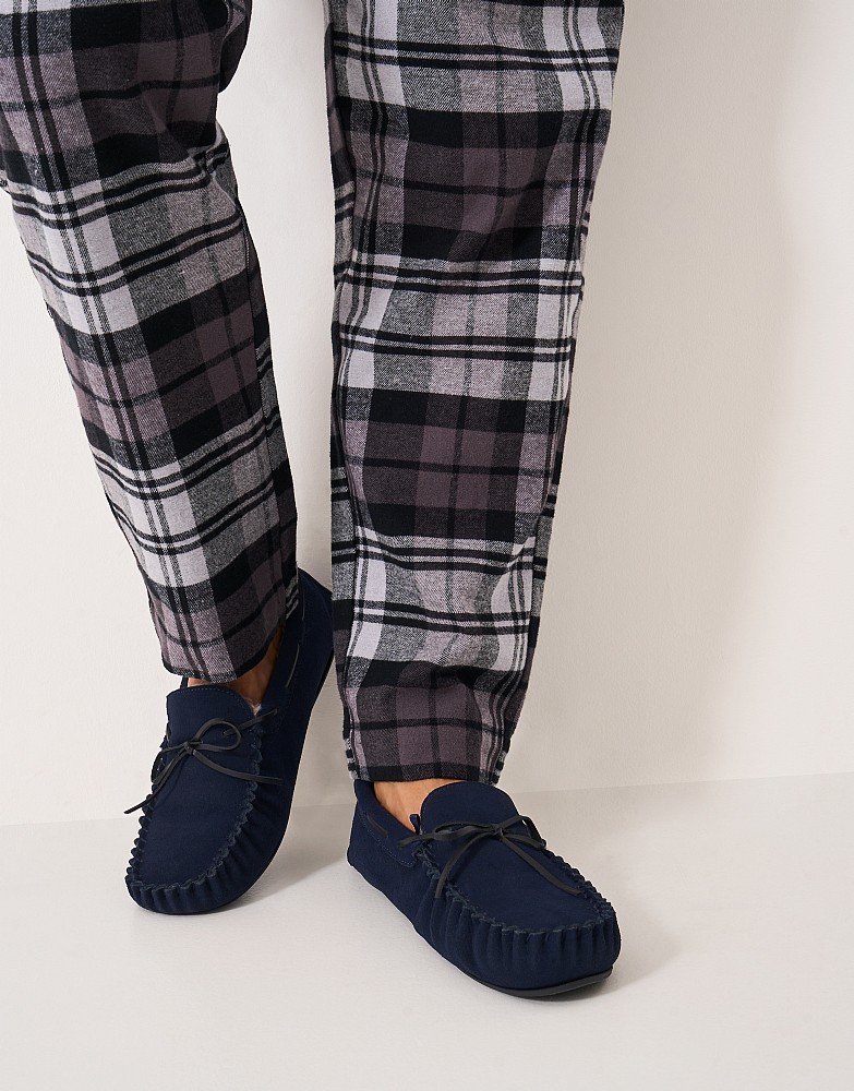 Lace Moccasin Suede Slipper in Navy