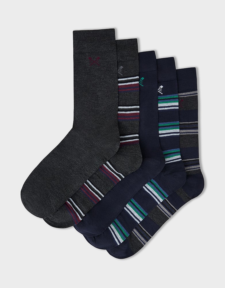 5-Pack Bamboo Socks Box in Navy, Grey & Red Stripes