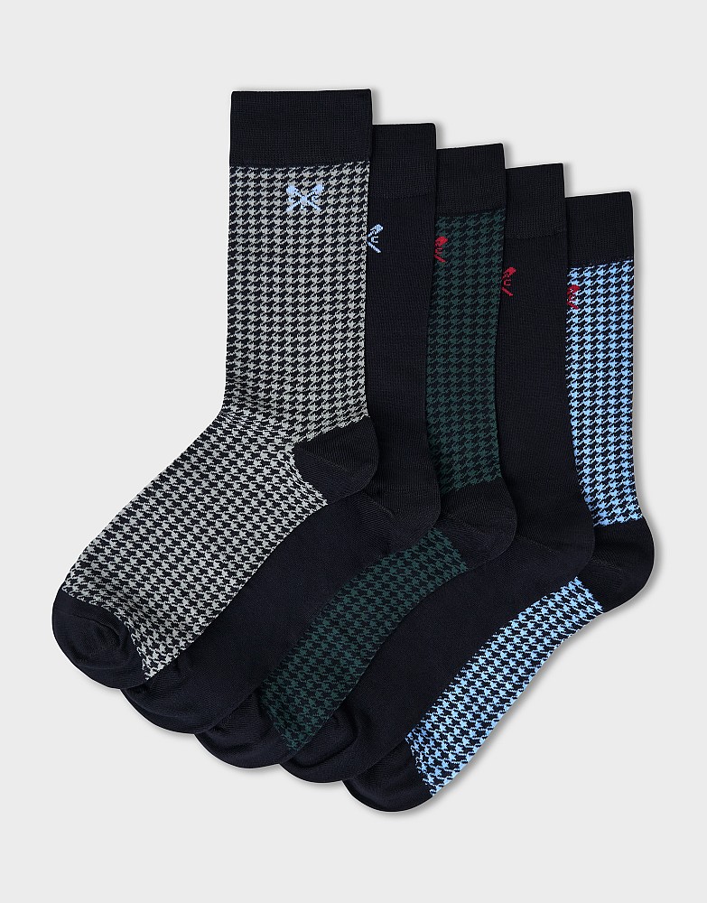 5-Pack Bamboo Socks Box in Dark Navy, Green & Blue Houndstooth