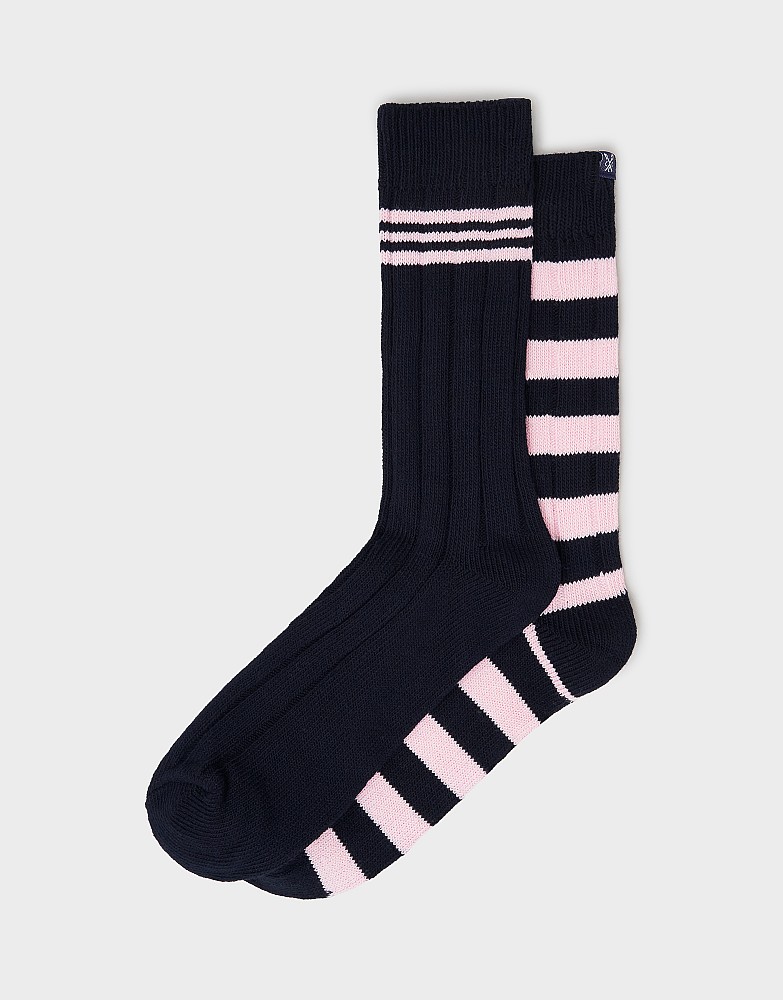 2 Pack Stripe Rugby Socks in Navy and Pink